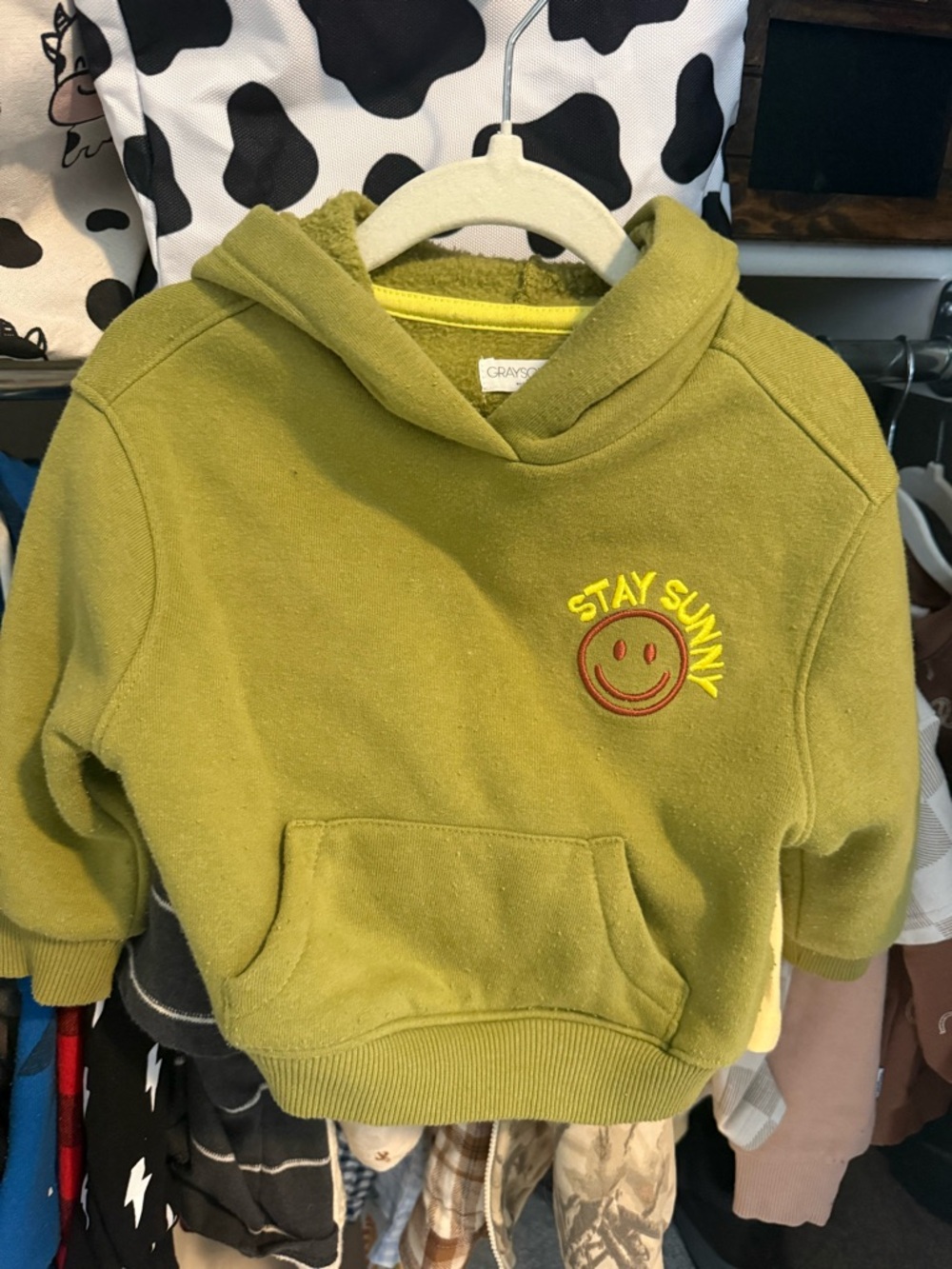 Kids Olive Green 'Stay Sunny' Hoodie with Embroidered Smiley